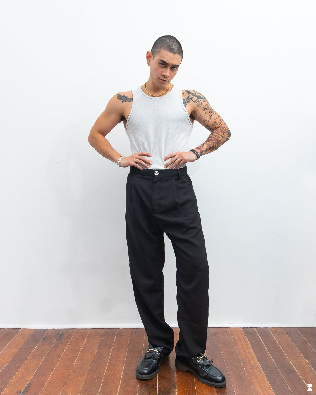 BLACK ON BLACK PINSTRIPE TROUSER PANTS